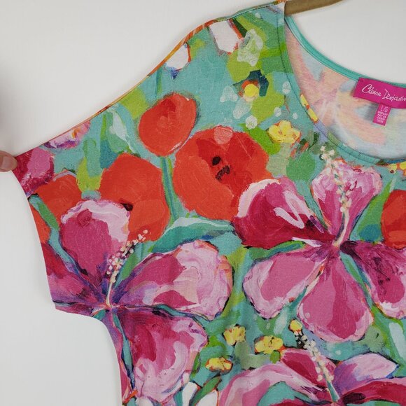 Claire Desjardins Bright Floral Short Sleeve Top Pink Green Jersey Knit Size L - Picture 5 of 8